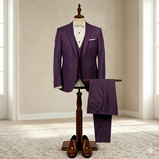 purple suit on a mannequin with a white shirt and brown shoes in a room with beige walls.