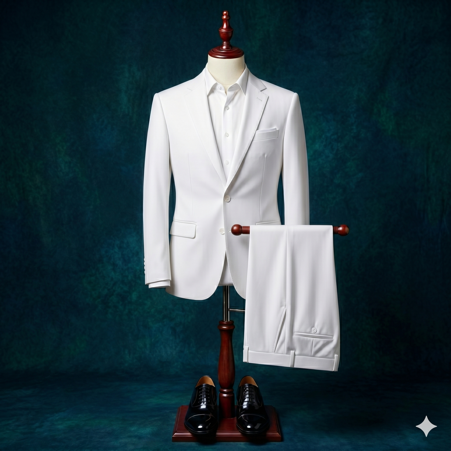 White suit on a mannequin with a dark blue background
