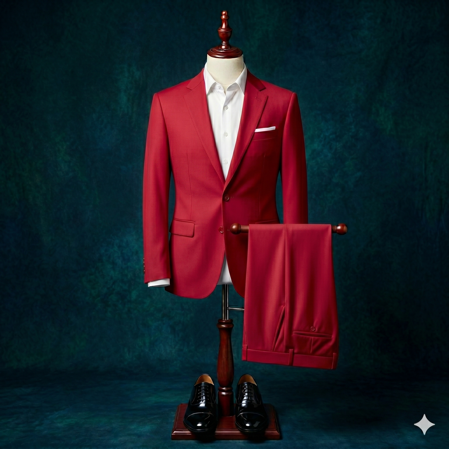 Red suit on a mannequin with a white shirt and black shoes against a dark blue background
