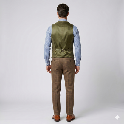 Man wearing a green vest, blue checkered shirt, and brown tweed pants on a white background