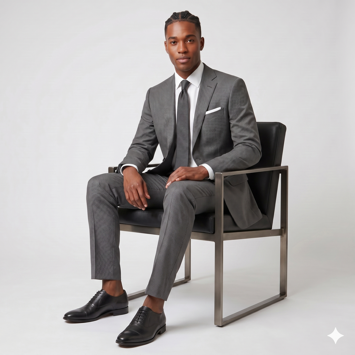 Man in a gray suit sitting on a black chair against a white background
