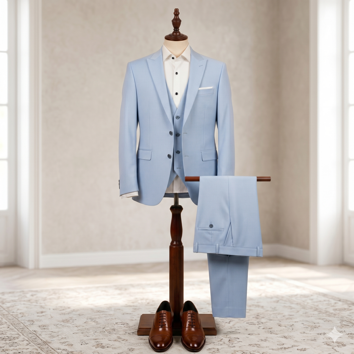 Light blue suit on a wooden mannequin stand in a room with neutral decor.