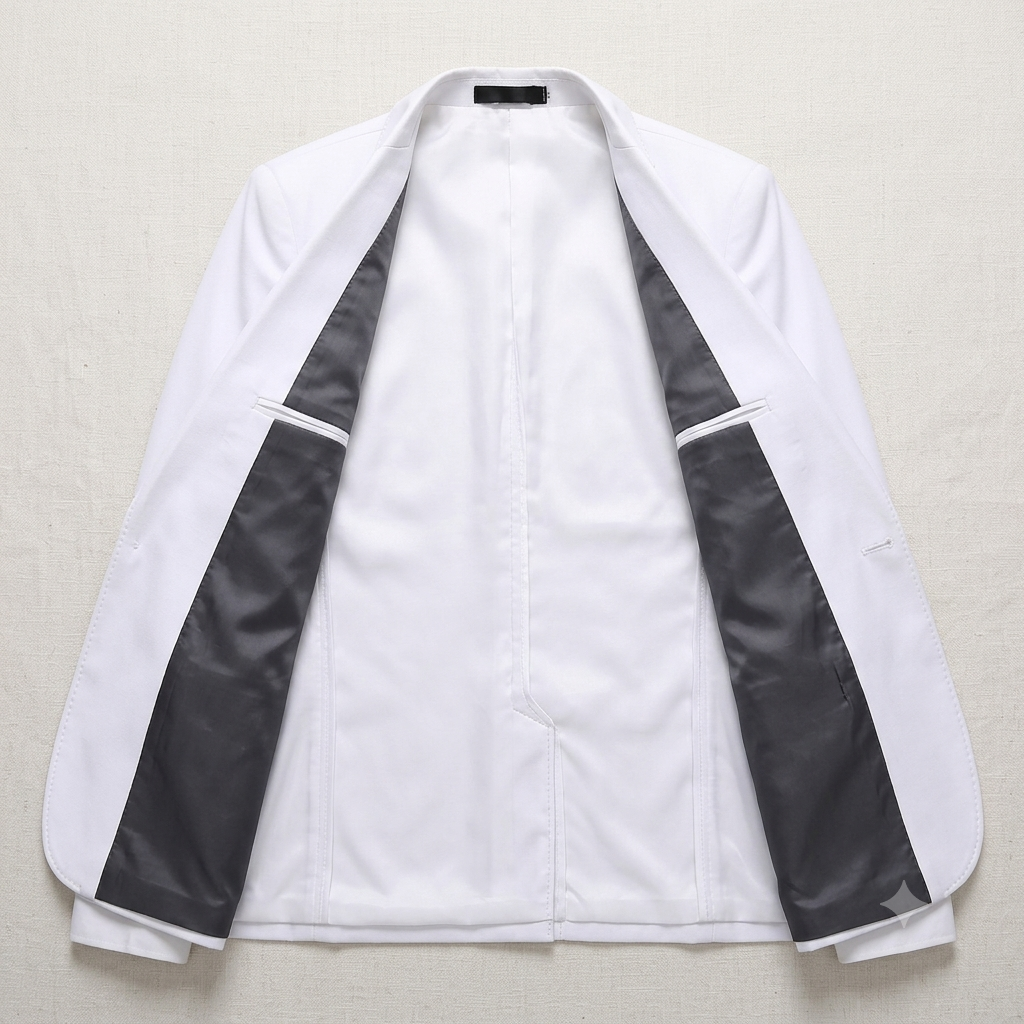 White blazer with black accents on a light gray background