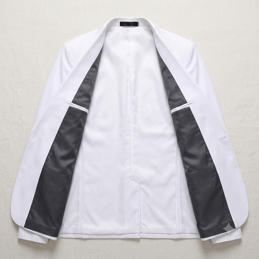 White blazer with black accents on a light gray background