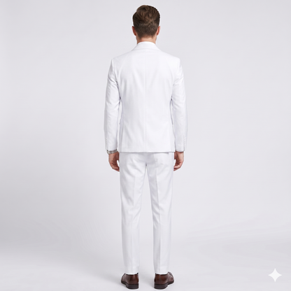 Man wearing a white suit on a light gray background