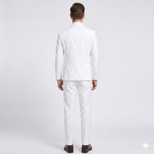 Man wearing a white suit on a light gray background