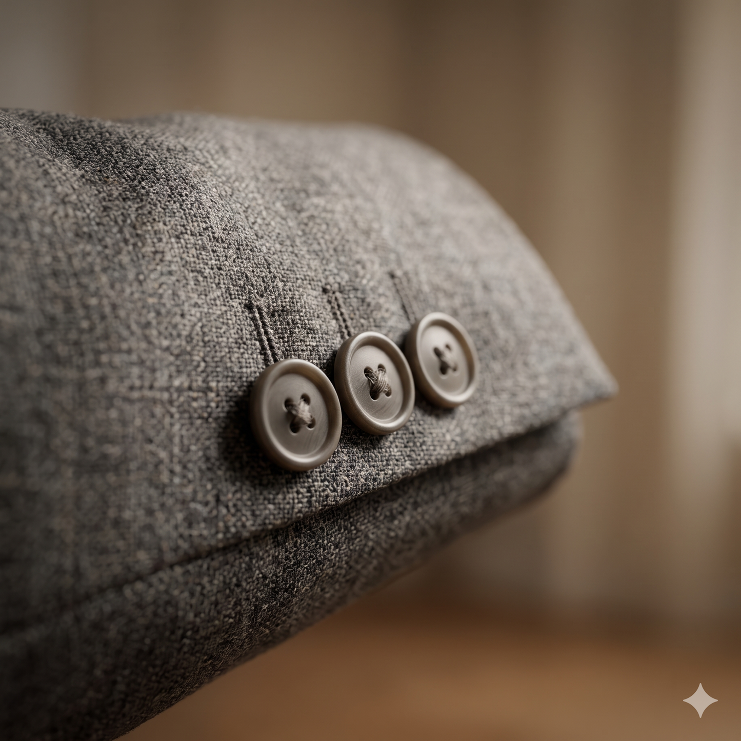Close-up of a textured gray fabric with three buttons on a blurred background