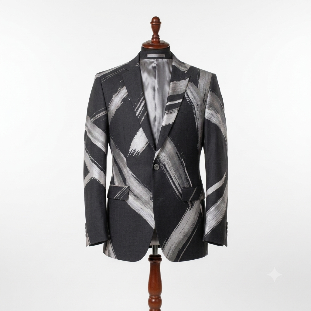 Patterned blazer on a mannequin against a white background