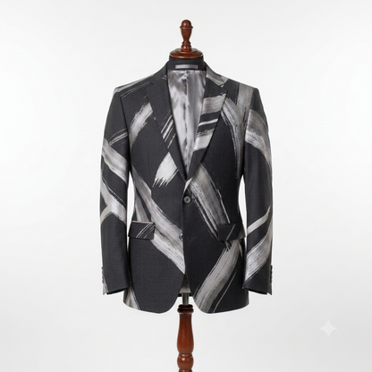 Patterned blazer on a mannequin against a white background