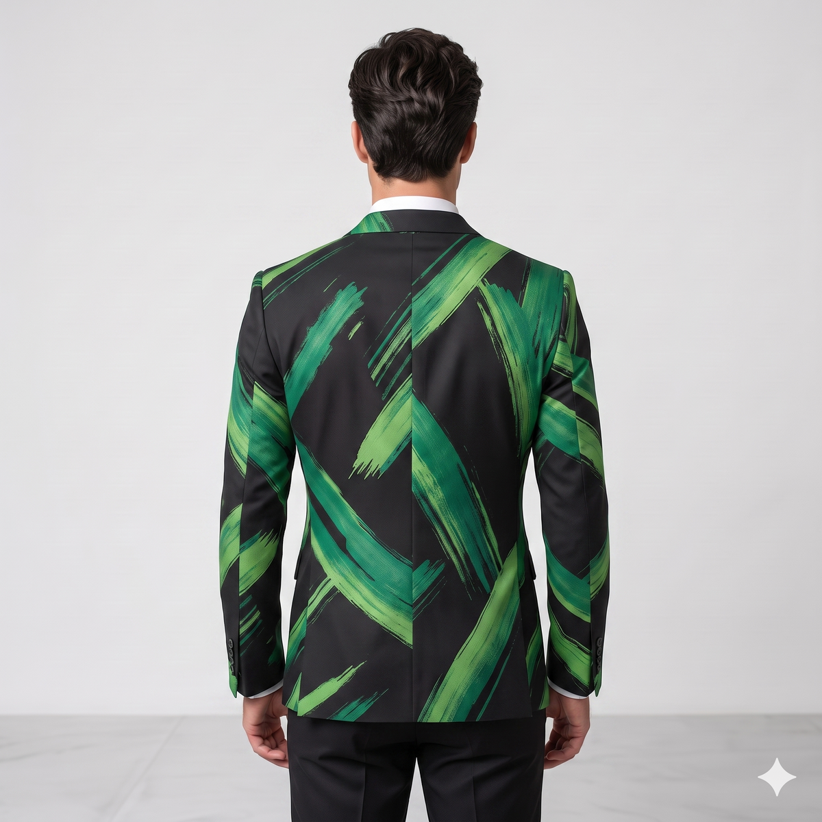 Man wearing a black suit jacket with green abstract pattern on a white background