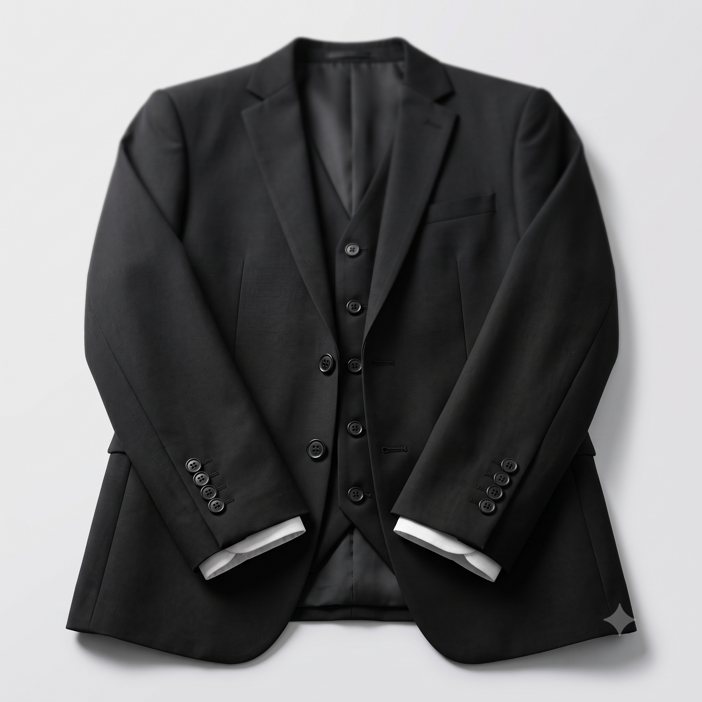 Black suit jacket and vest on a light gray background