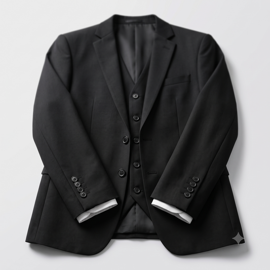Black suit jacket and vest on a light gray background