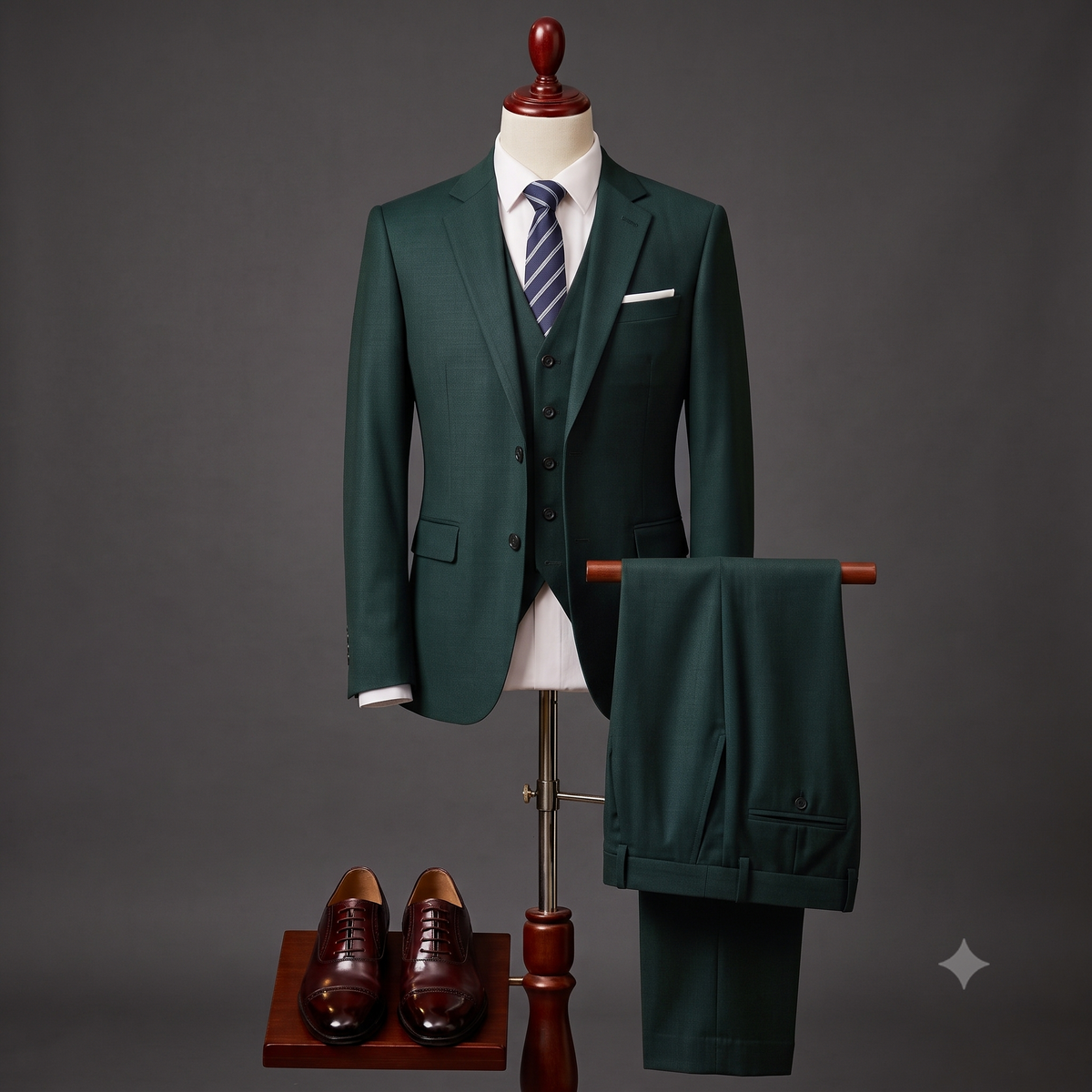 A three-piece dark green suit displayed on a mannequin, featuring a jacket, matching vest, trousers draped on a stand, a striped tie, white shirt, and pocket square. A pair of dark brown dress shoes sits on a small wooden stand against a dark gray studio background.