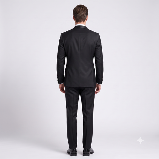 Man wearing a black suit on a white background