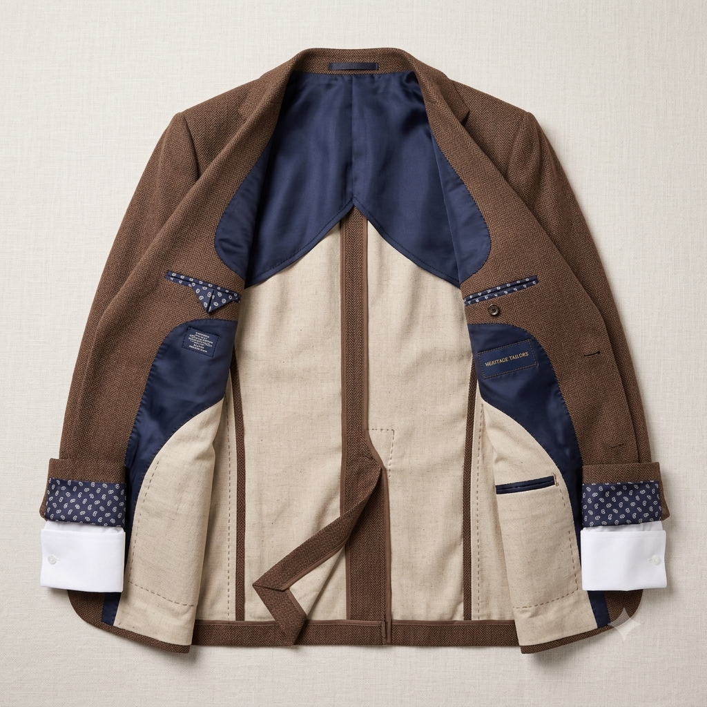 A men's tailored blazer laid flat against a light beige textured background. The jacket features a rich color-blocked design with a medium brown outer shell, a beige linen-textured center panel, and navy blue satin-like inner panels and cuffs.