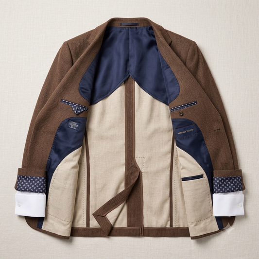A men's tailored blazer laid flat against a light beige textured background. The jacket features a rich color-blocked design with a medium brown outer shell, a beige linen-textured center panel, and navy blue satin-like inner panels and cuffs.
