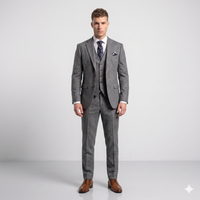 Man wearing a gray suit with a white shirt and brown shoes on a light gray background