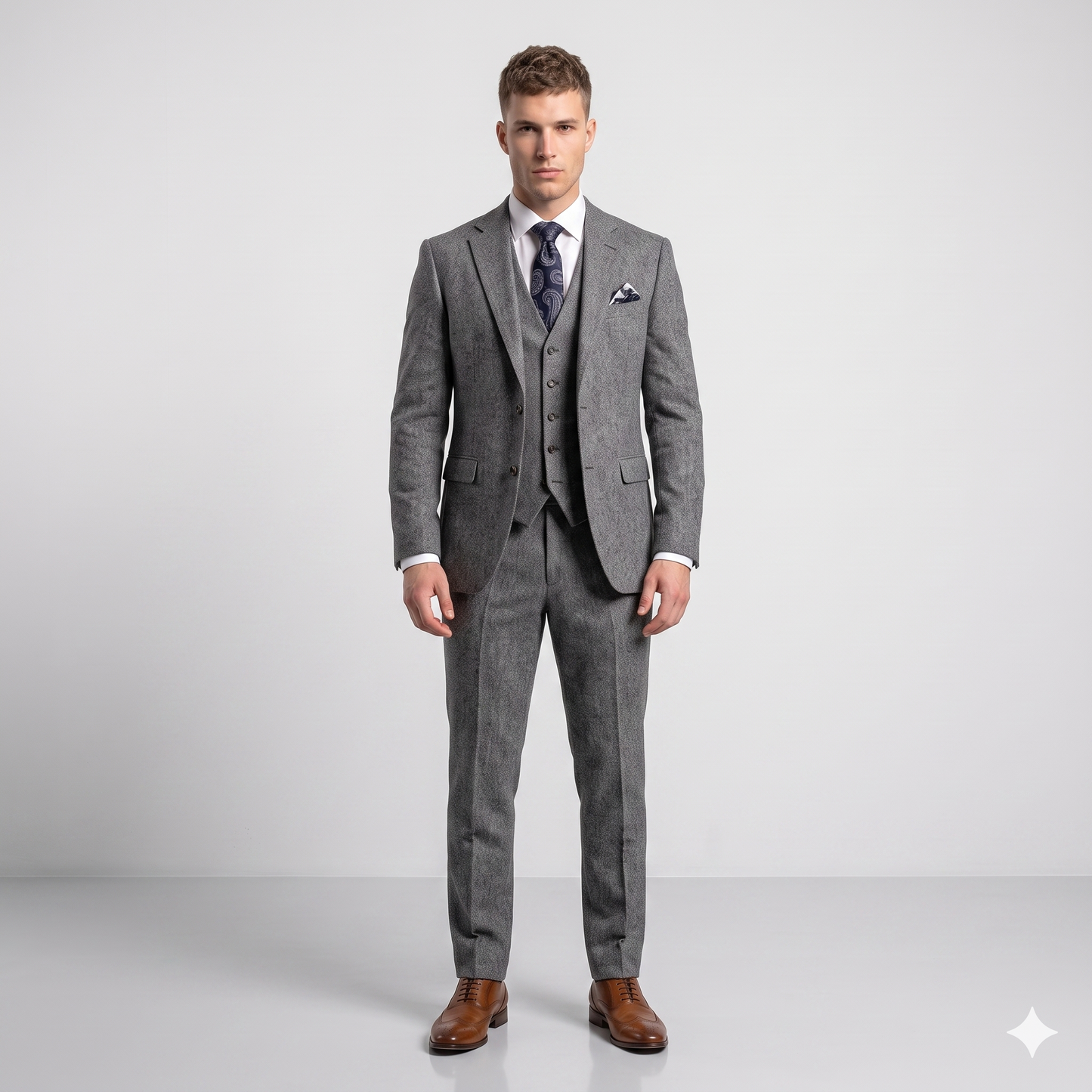 Man wearing a gray suit with a white shirt and brown shoes on a light gray background