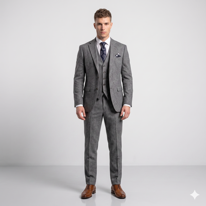 Man wearing a gray suit with a white shirt and brown shoes on a light gray background