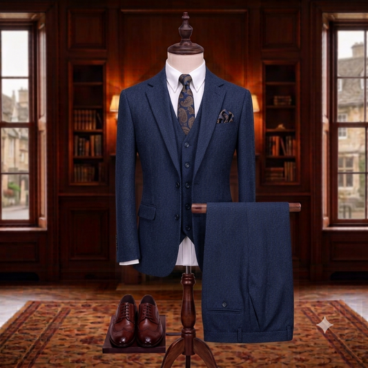Navy blue suit on a mannequin in a room with wooden walls and windows.