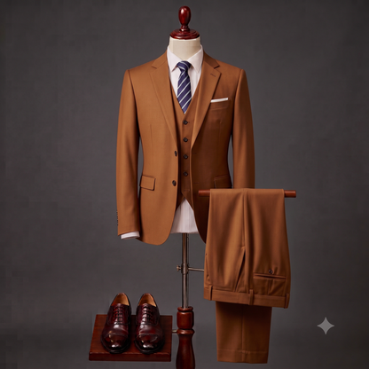 A three-piece brown suit displayed on a mannequin against a dark gray studio background, with the jacket and vest on the mannequin torso, matching trousers draped over a stand, a striped tie, white shirt, and dark brown dress shoes on a small wooden platform.