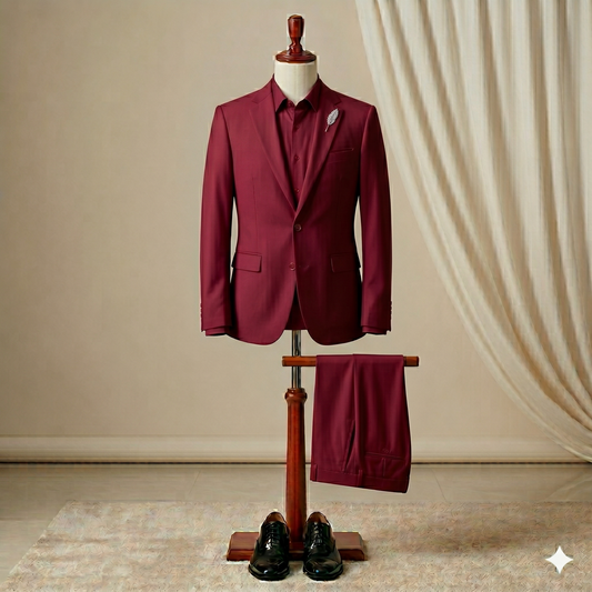 Red Wine suit on a mannequin with pants hanging below against a beige wall.