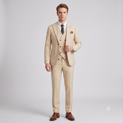 A man modeling a light beige three-piece suit with a white dress shirt, a striped tie, and brown dress shoes against a light gray studio background.