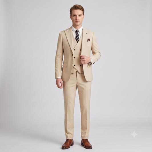 A man modeling a light beige three-piece suit with a white dress shirt, a striped tie, and brown dress shoes against a light gray studio background.