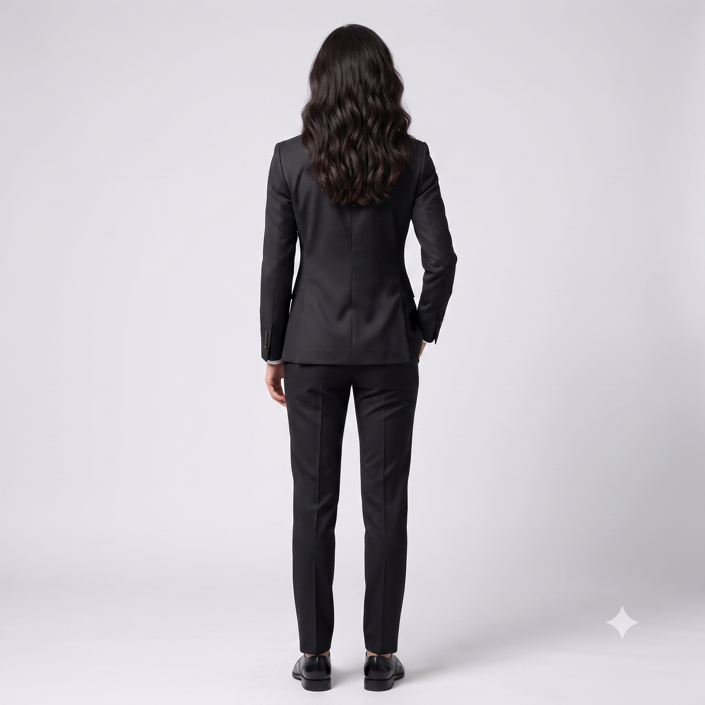 A woman viewed from behind wearing a tailored black business suit with a blazer and trousers, standing against a light gray studio background.