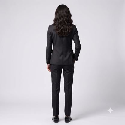A woman viewed from behind wearing a tailored black business suit with a blazer and trousers, standing against a light gray studio background.