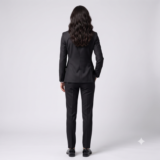 A woman viewed from behind wearing a tailored black business suit with a blazer and trousers, standing against a light gray studio background.