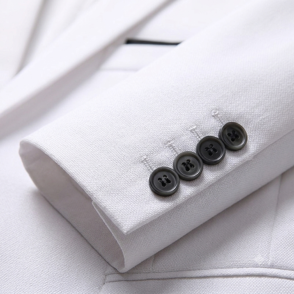 Close-up of a white suit jacket with black buttons on a light gray background