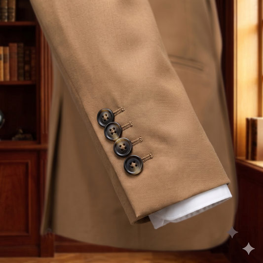 Close-up of a beige suit jacket with buttons against a blurred bookshelf background