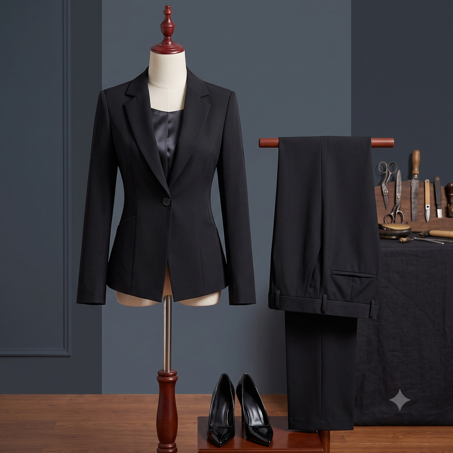 Black suit on a mannequin with a table of tailoring tools against a gray wall.
