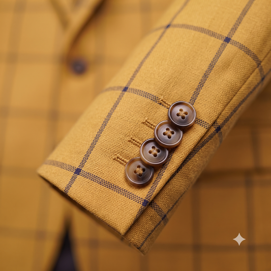 Close-up of a yellow checkered shirt with brown buttons on a matching fabric background