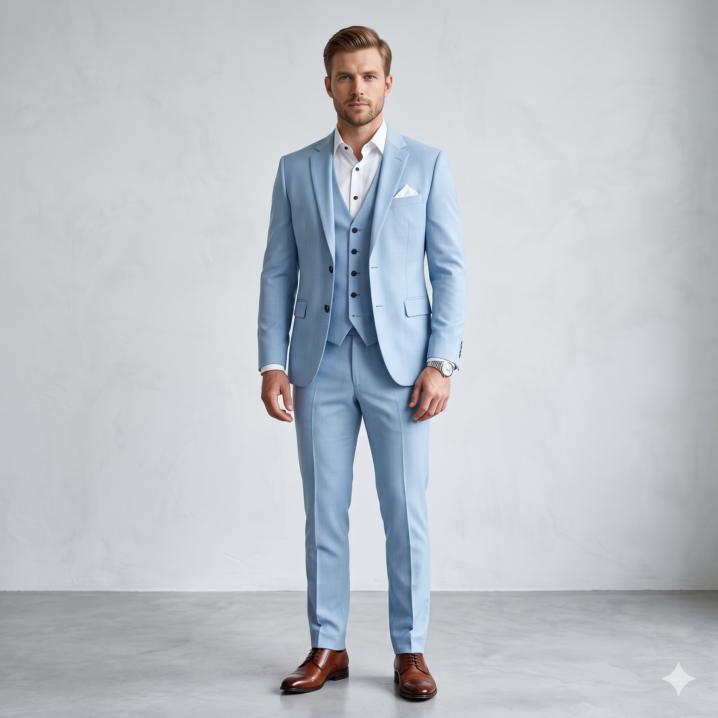 Man wearing a light blue suit with a white shirt and brown shoes on a gray background