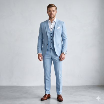 Man wearing a light blue suit with a white shirt and brown shoes on a gray background