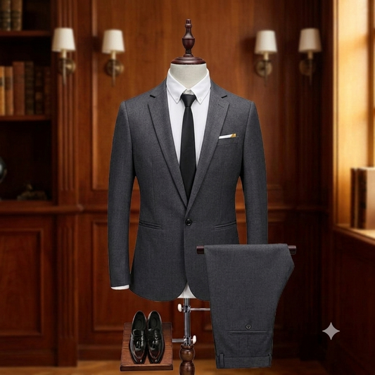 Gray suit with black tie and pants on a mannequin against a wooden background