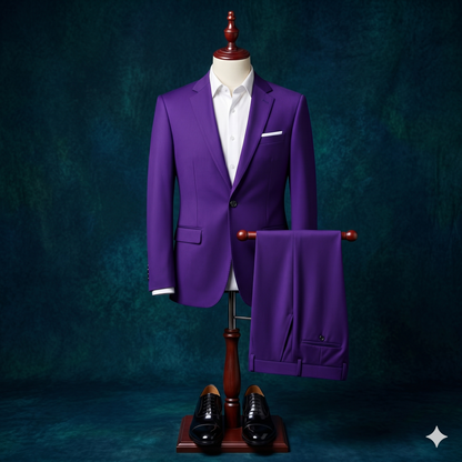 Purple suit on a mannequin with a dark blue background