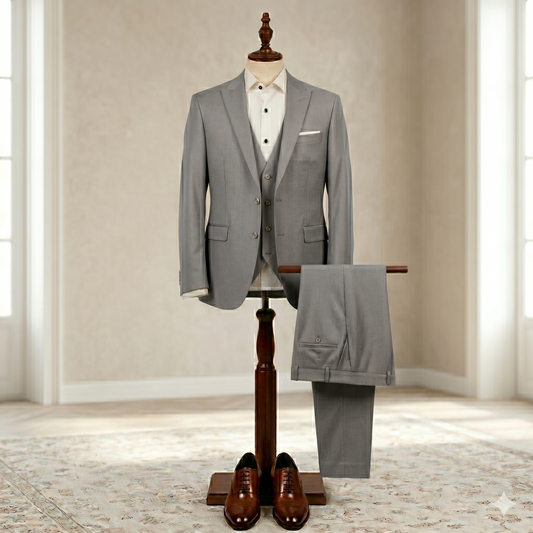 Gray suit on a mannequin with a white shirt and brown shoes in a room with beige walls.