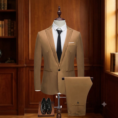 Brown suit on a mannequin with shoes in front of a wooden bookshelf.