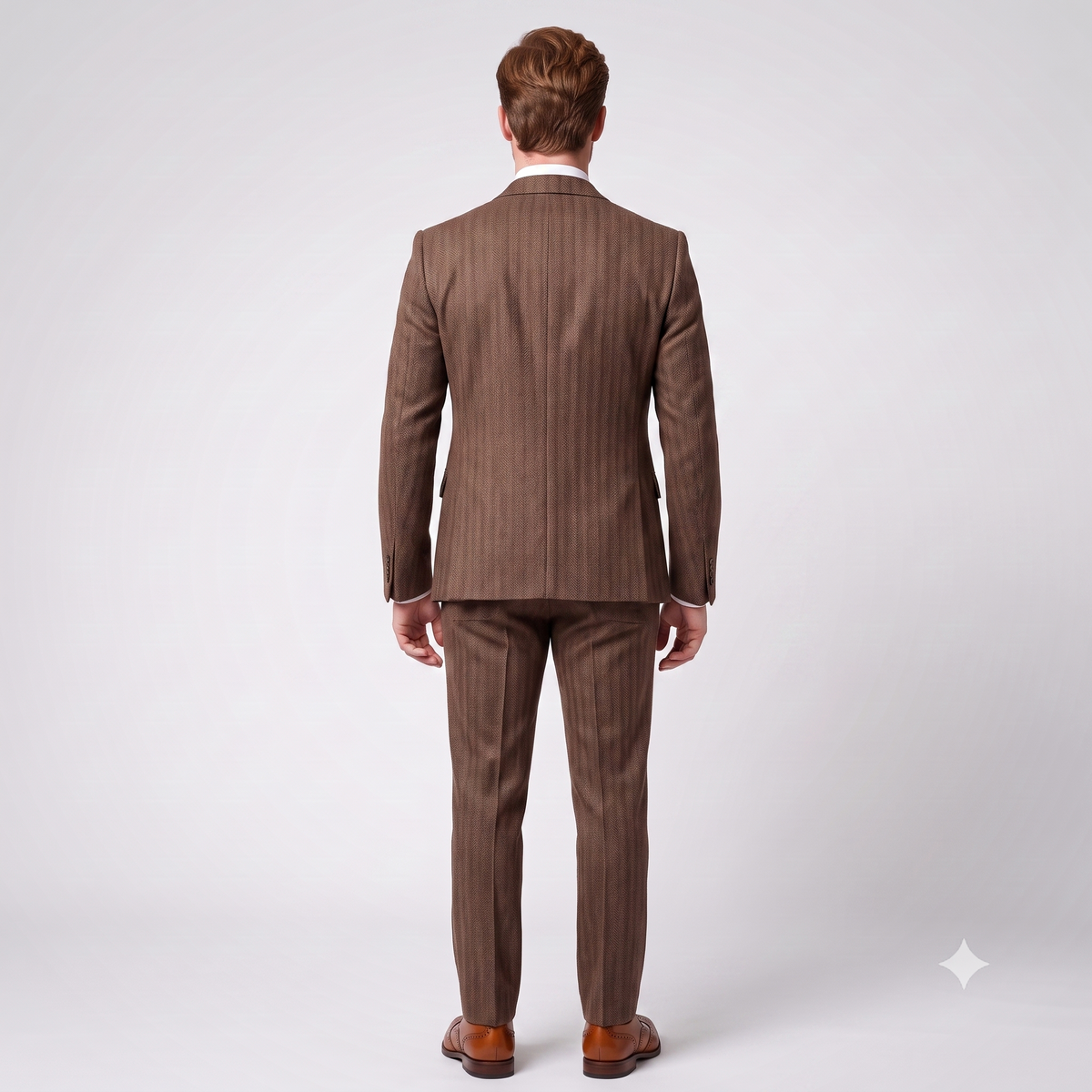A man viewed from the back wearing a brown pinstripe suit with a white shirt and brown dress shoes, standing against a light gray studio background.