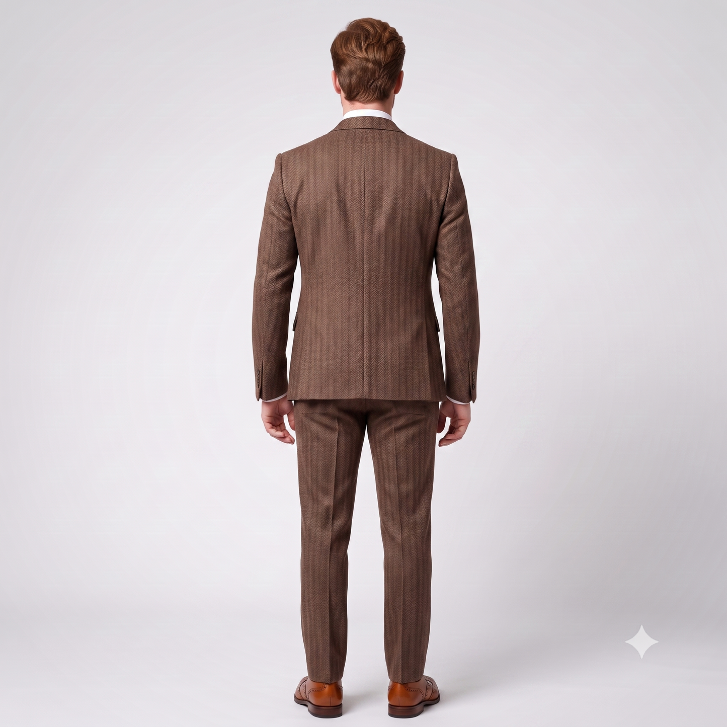 A man viewed from the back wearing a brown pinstripe suit with a white shirt and brown dress shoes, standing against a light gray studio background.