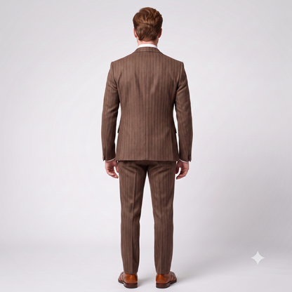 A man viewed from the back wearing a brown pinstripe suit with a white shirt and brown dress shoes, standing against a light gray studio background.