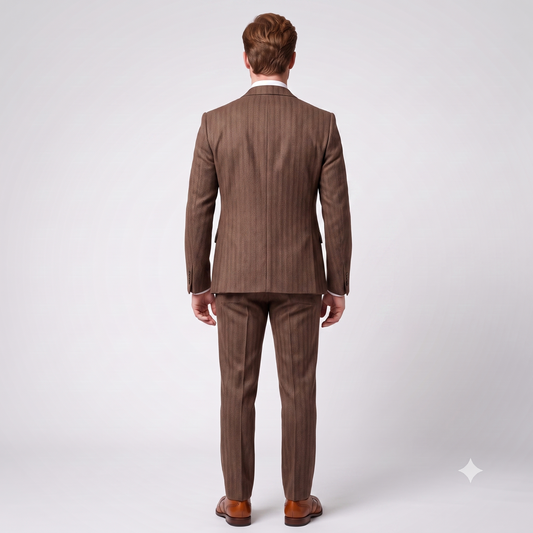 A man viewed from the back wearing a brown pinstripe suit with a white shirt and brown dress shoes, standing against a light gray studio background.