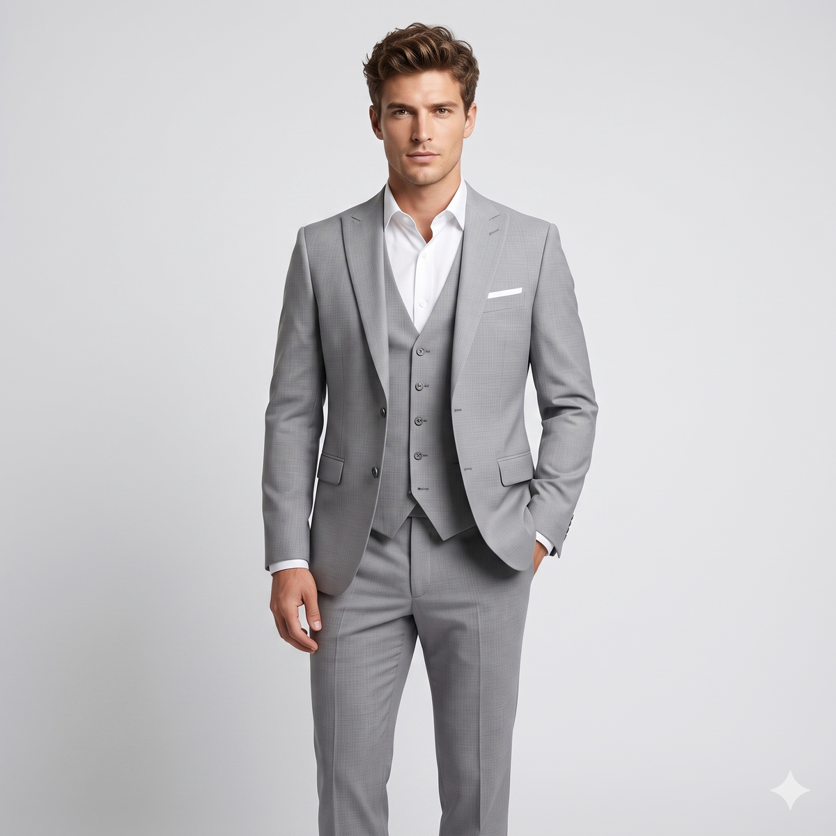 Man wearing a gray suit with a white shirt on a light gray background