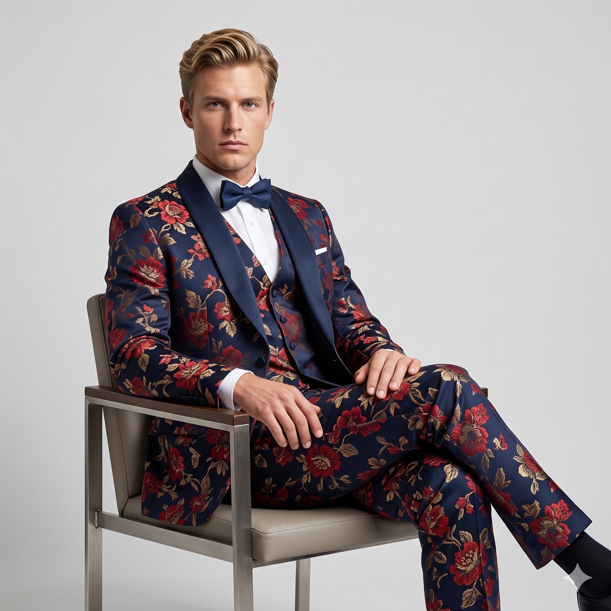 Man wearing a floral suit sitting on a chair against a plain background