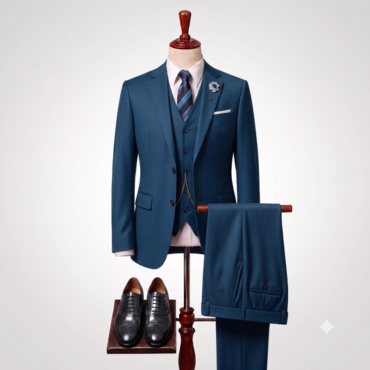 A men's three-piece suit displayed on a mannequin, featuring a blue jacket, matching vest and trousers draped on a stand, a striped tie, white shirt, and black dress shoes against a light gray background.