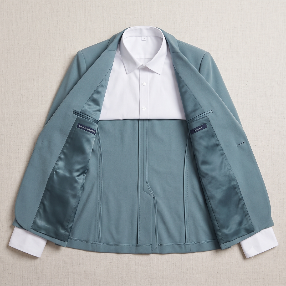 Light blue jacket with white shirt on a beige background