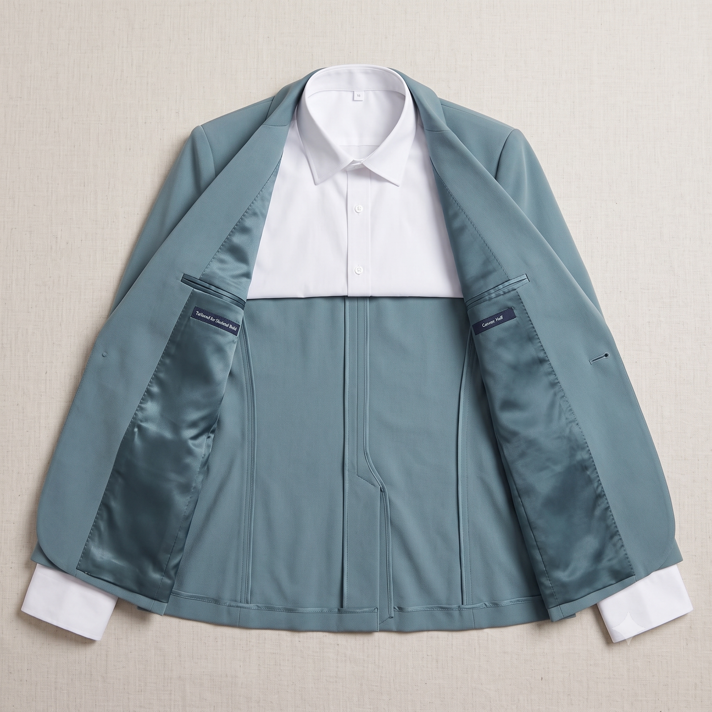 Light blue jacket with white shirt on a beige background